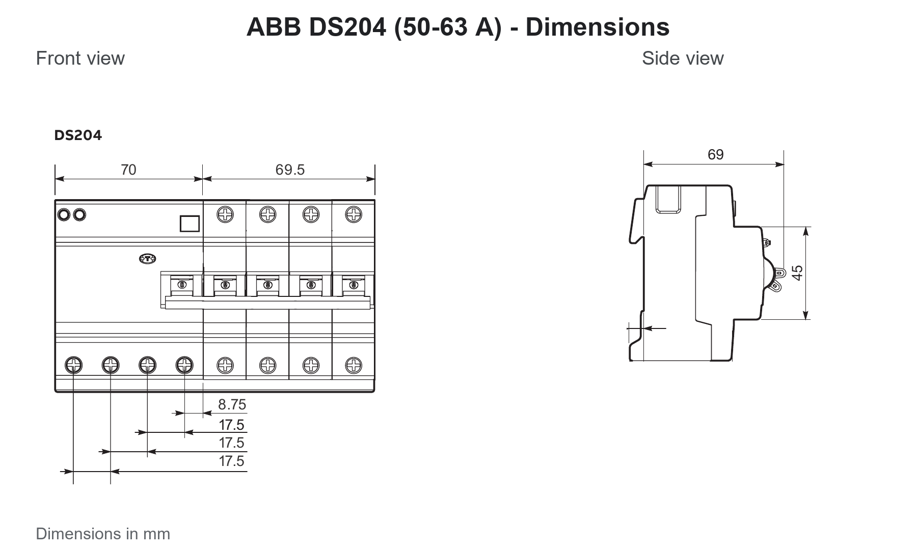 ABB DS204 50-63 A four-pole RCBO dimension drawing for GSH204 reference