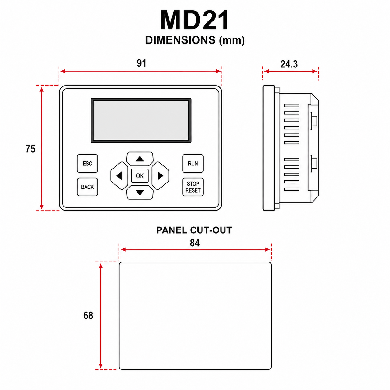ABB MD21 operator panel dimensions and panel cut-out