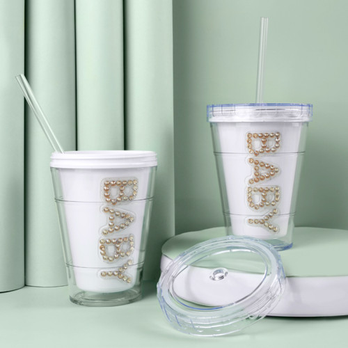 Flash Diamond Double Cup 410ml Fashion Trend Plastic Straw Cup Male Student Water Cup Bottle