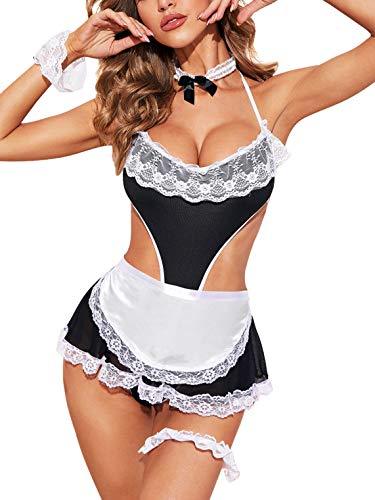 SheIn Women's Sexy Costume Lingerie Set Lace Trim Mesh Babydoll Chemise with Choker