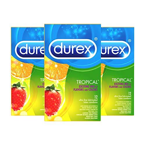 Durex Tropical Condoms, Natural Rubber Latex Condoms for Men, FSA & HSA Eligible, Exciting Flavors, 12 Count (Pack of 3)