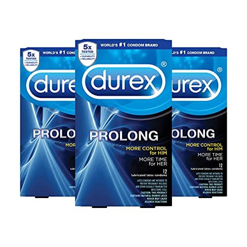 Durex Prolong Condoms, Ultra Fine, Ribbed, Dotted with Delay Lubricant Natural Rubber Latex Condoms for Men, FSA & HSA Eligible, 12 Count (Pack of 3)