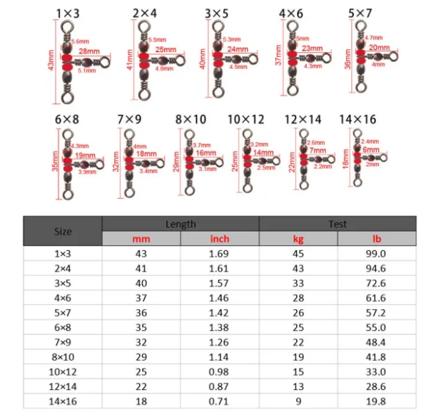 3 way cross line fishing barrel T shape swivels ,rated from 20 lb to 100 lb