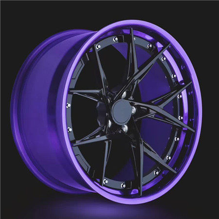 Aftermarket Custom Forged 2 Piece Wheel Bright Black Center Blue Barrel Step Lip