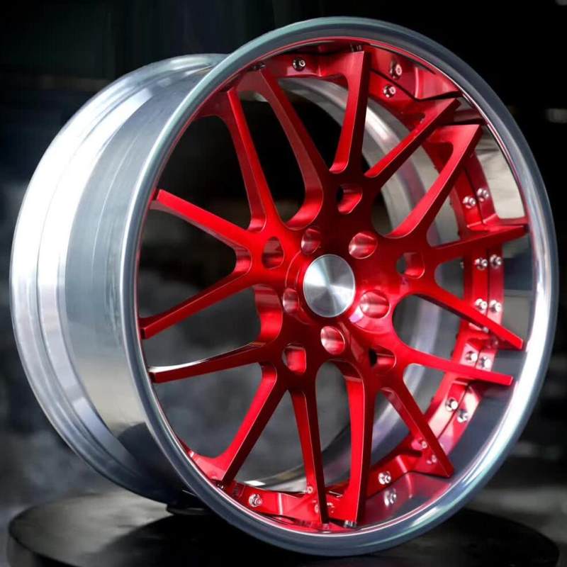 Aftermarket Custom Forged 2 Piece Wheel Bright Red Center Polish Barrel