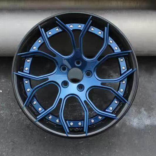 Aftermarket Custom Forged 2 Piece Wheel Blue Center Black Barrel Step Lip