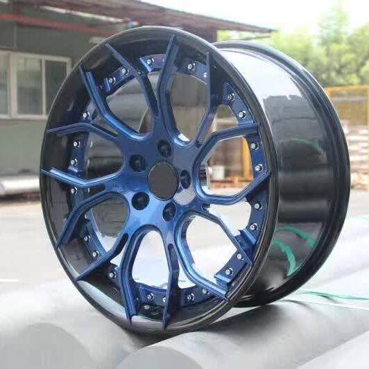 Aftermarket Custom Forged 2 Piece Wheel Blue Center Black Barrel Step Lip