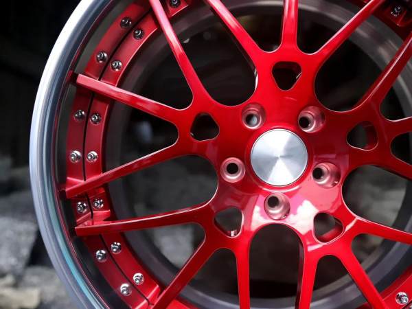 Aftermarket Custom Forged 2 Piece Wheel Bright Red Center Polish Barrel