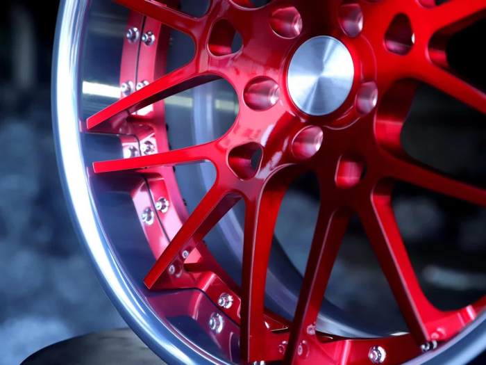 Aftermarket Custom Forged 2 Piece Wheel Bright Red Center Polish Barrel