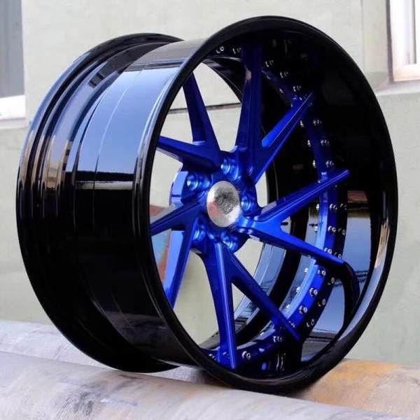 Blue Center Bright Black Barrel Aftermarket Deep Dish Forged 2 Piece Wheel