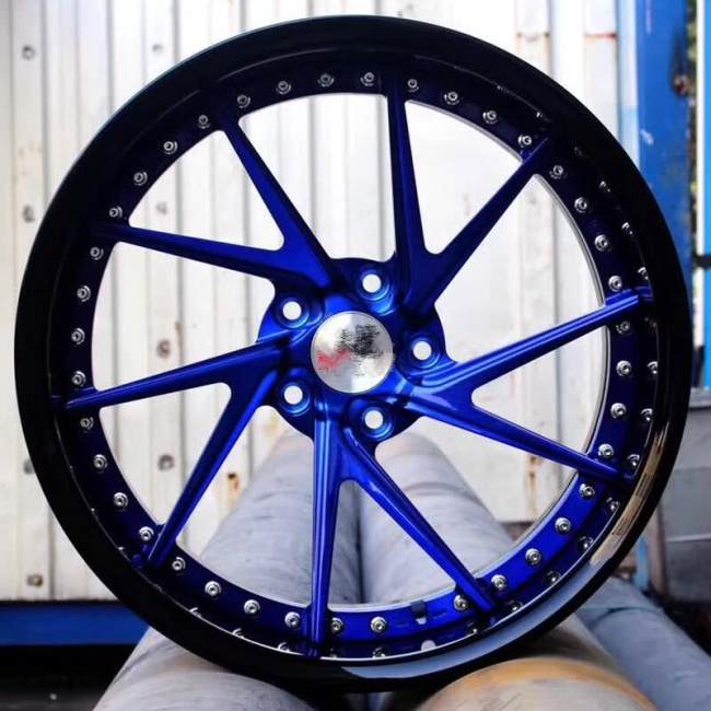 Blue Center Bright Black Barrel Aftermarket Deep Dish Forged 2 Piece Wheel