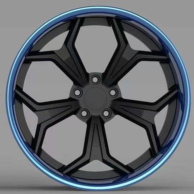 Super Deep Dish Black Center Blue Barrel Flat Lip Custom Forged 3-Piece Wheels