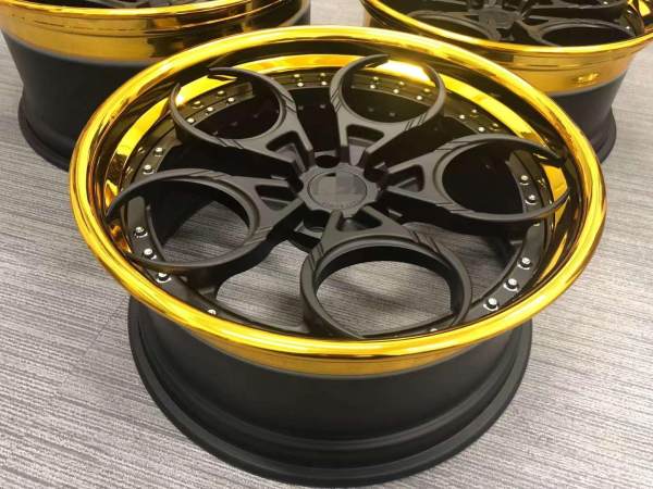 Concave Design Matte Black Center Golden Barrel Step Lip 3-Piece Wheels