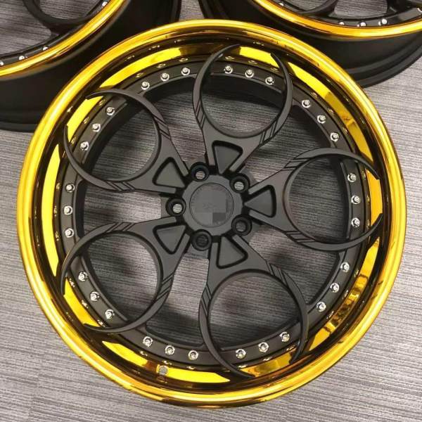 Concave Design Matte Black Center Golden Barrel Step Lip 3-Piece Wheels