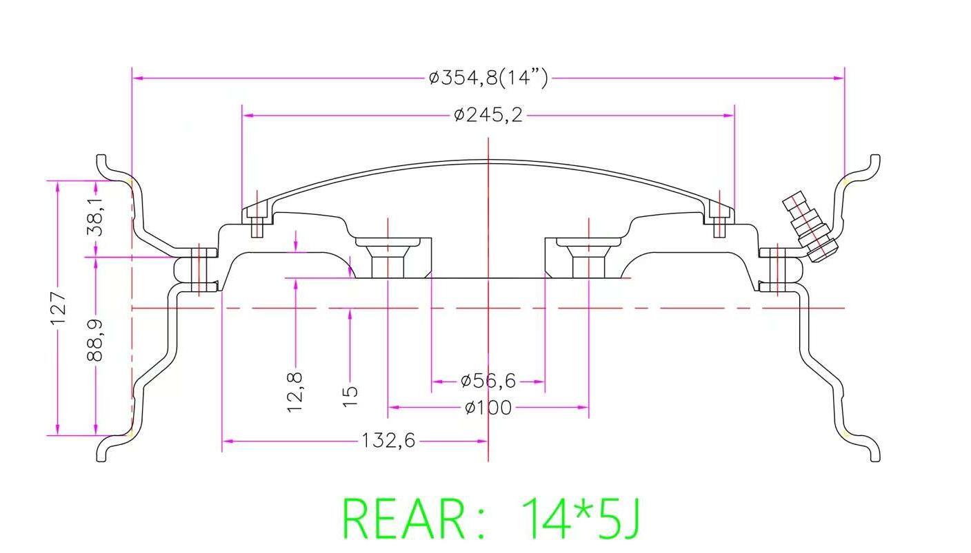 Design drawing of Wuling 14x5J 3-piece wheel