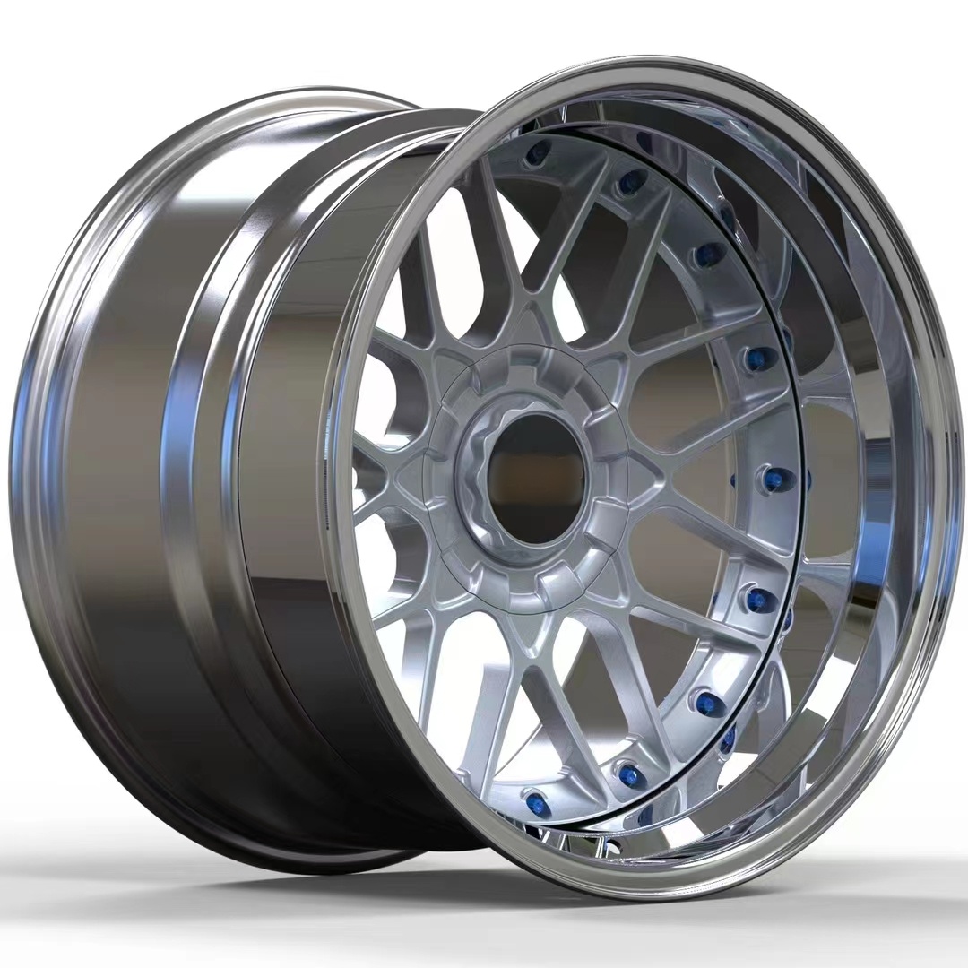 Replica BBS RS Ⅱ Step Lip 3-Piece Wheels 19x9.5J Silver Center Blue Screw