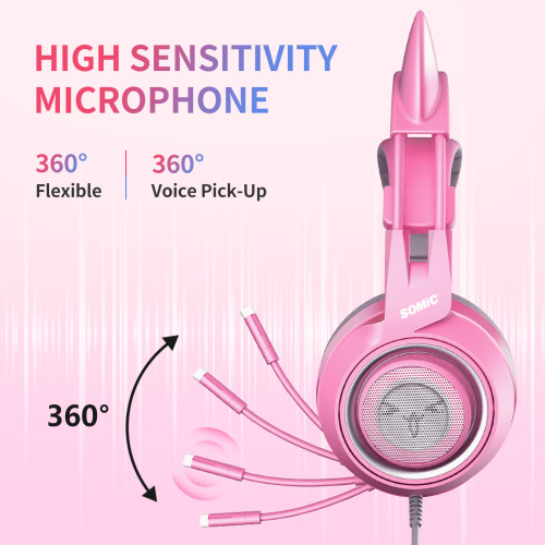 Somic G951s Ps4 Pink Cat Ear Noise Cancelling Headphones 3 5mm