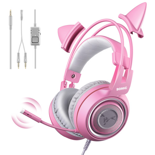 Somic G951s Ps4 Pink Cat Ear Noise Cancelling Headphones 3 5mm