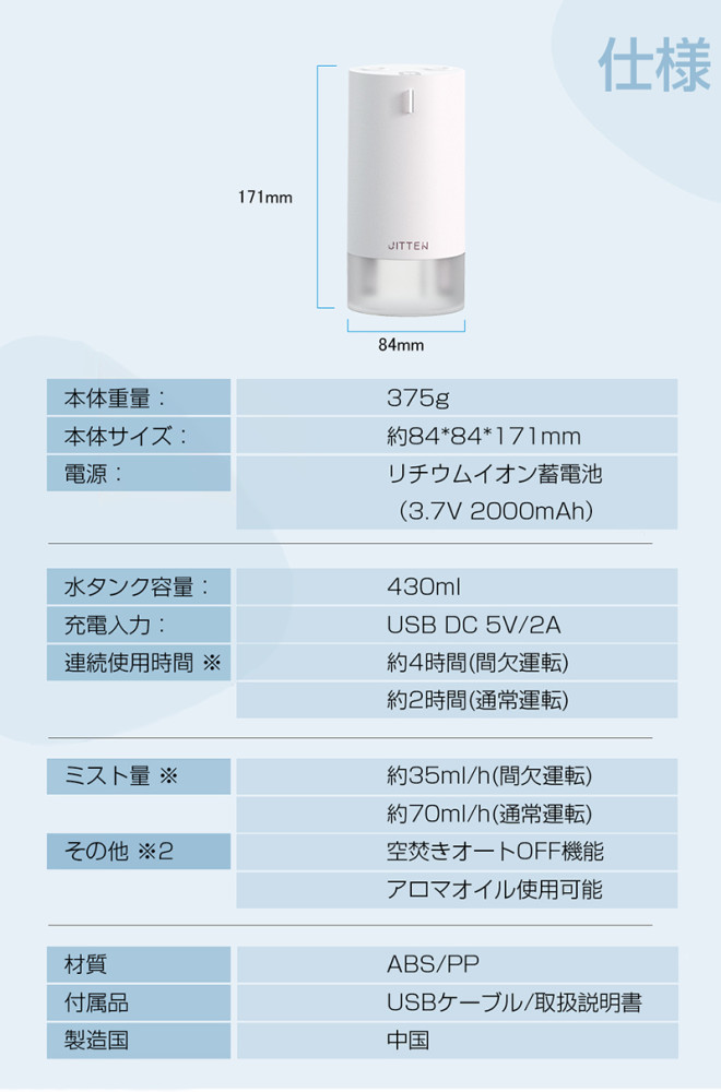 加湿器 卓上 オフィス おしゃれ 車載加湿器 小型 430mL 超音波 加湿器 アロマ対応 ダブルノズル加湿器 USB充電式 コードレス LEDライト 空焚き防止 次亜塩素酸水対応 花粉対策に 静音設計 乾燥防止 自宅 寝室 ミニ加湿器 軽量