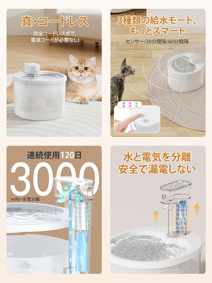 自動給水器 猫 犬 ペット 自動給水機 水飲み器 水飲み 自動 水飲み 給水 水 給水機 浄水器 コードレス ポンプ 軟水 ホワイト 透明 お手入れ簡単 洗いやすい 超静音20DB 猫用 犬用 ねこ ネコ いぬ 自動水やり器 ペット自動給水器