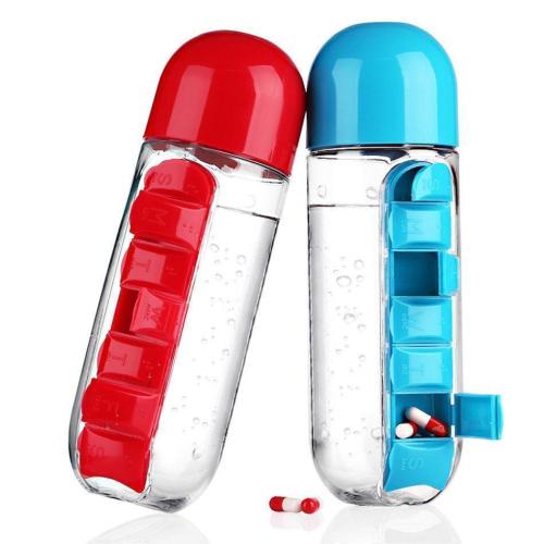 600ml Water Bottle Daily Pill Storage Organizer Box Outdoor Drinking Bottles Anti-leak Drinkware