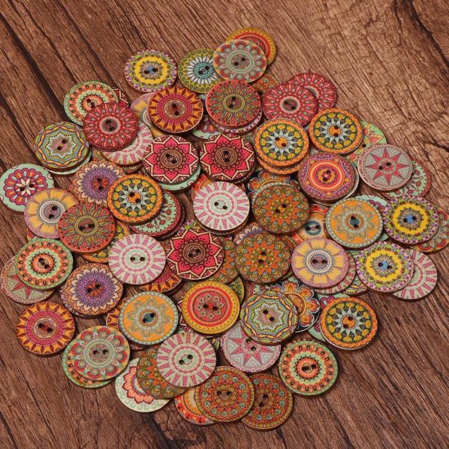 100Pcs Flower Bohemian Wooden Buttons