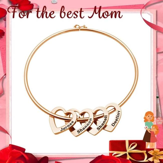 Mother's Day Gift Family Bangle Bracelet with Heart Shape Pendants(Personalized)