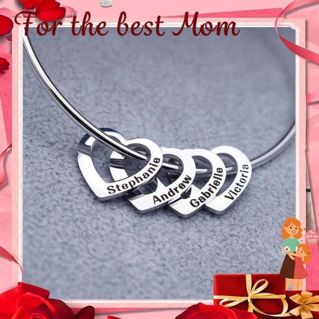 Mother's Day Gift Family Bangle Bracelet with Heart Shape Pendants(Personalized)