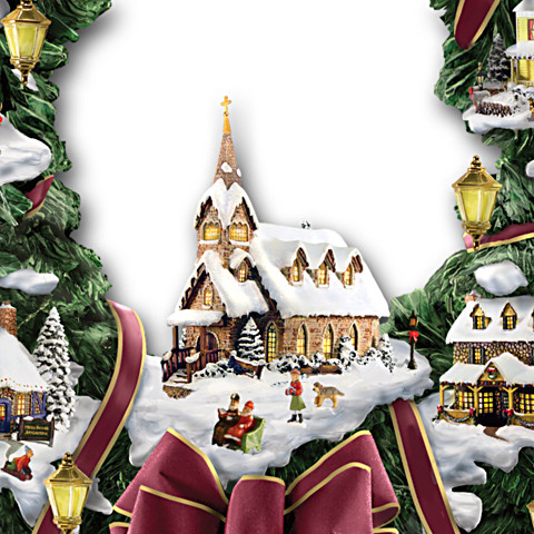 Thomas Kinkade Illuminated  Christmas Village  Wreath