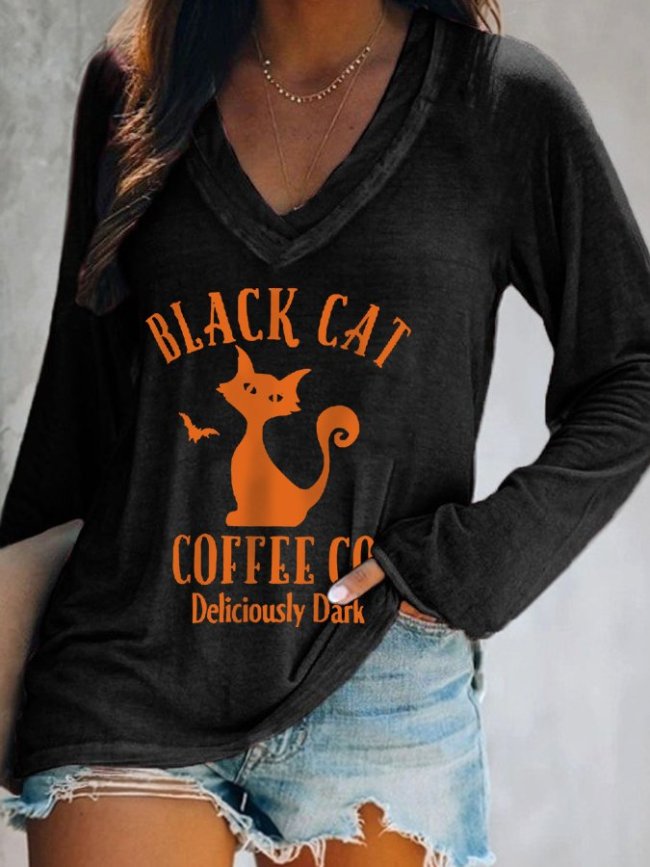 Women's Halloween Black Cat Coffee Company Casual V-Neck Long-Sleeve T-Shirt