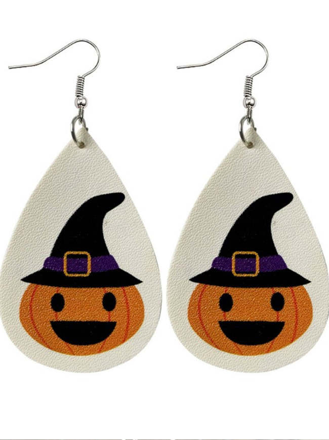 Halloween teardrop-shaped jack-o-lantern ghost skull print PU leather earrings