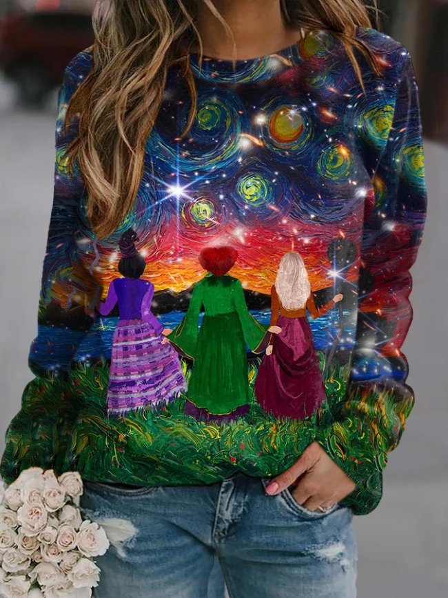 Halloween Sisters Starry Night Oil Painting & Space Image Print Sweatshirt