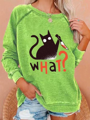 Women's Halloween Funny Black Cat What? Casual Sweatshirt