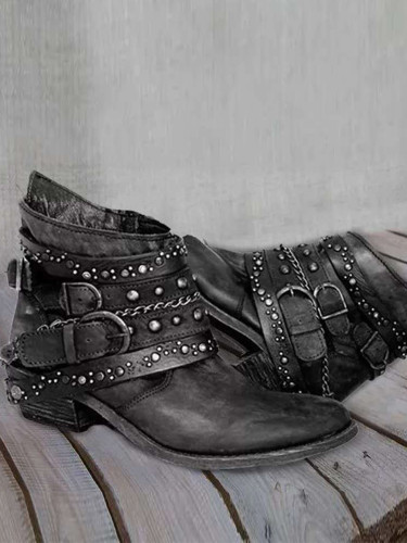 Vintage Washed Studded Buckles Ankle Boots