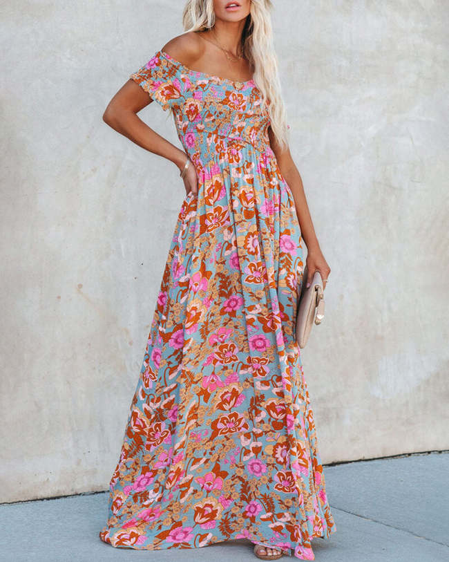 Shirred Off Shoulder Slit Print Maxi Dress