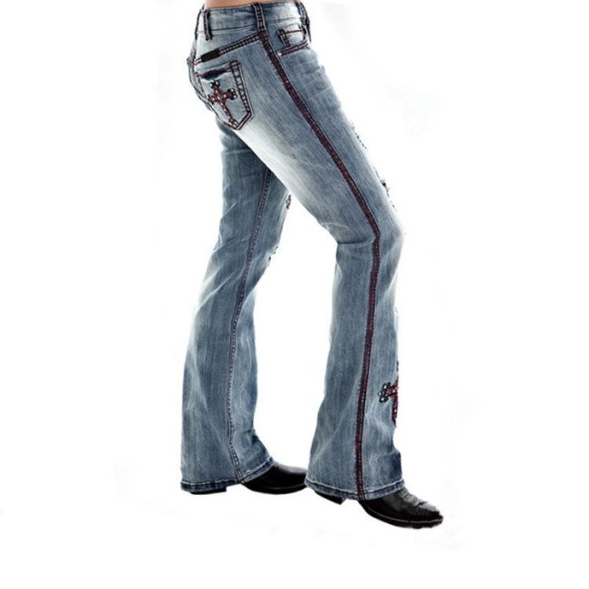 Ladies Fashion Vintage Cross Western Printed Jeans