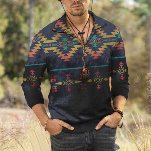 Men's Western Style Positioning Flower Long Sleeve Polo Shirt