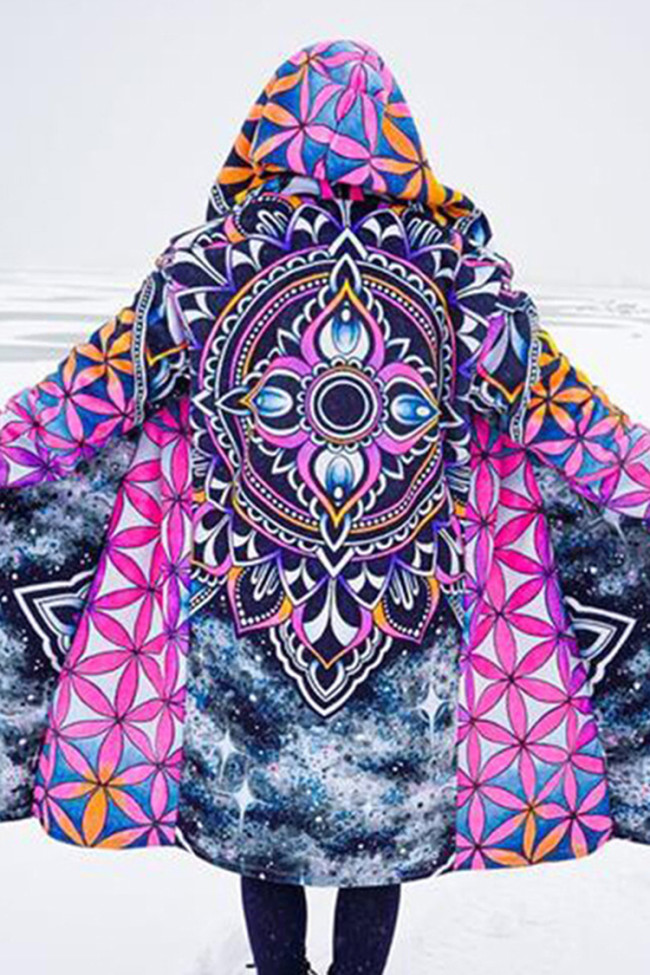 Mandala Paneled Starry Print Hooded Cardigan