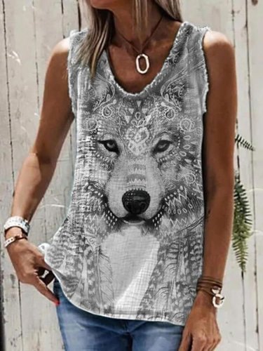 Women's Western Wolf Print Sleeveless T-Shirt