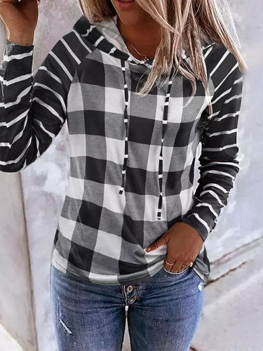 Casual Check Panel Striped Hoodie