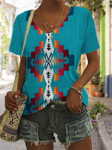 Western Aztec Graphic V Neck T Shirt
