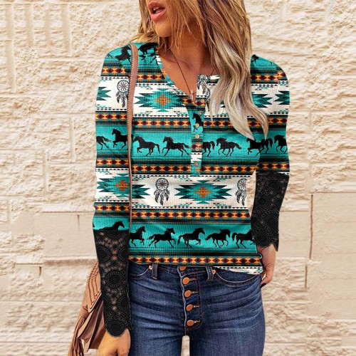Western Print Lace Paneled Long Sleeve T-Shirt