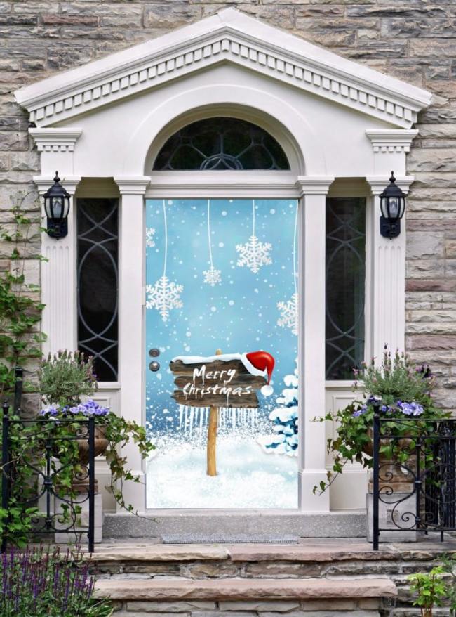 Merry Christmas Front Door Cover Entry Holiday Doors 3D Banner Art Decor House Vinyl Door New Year Holiday Decoration
