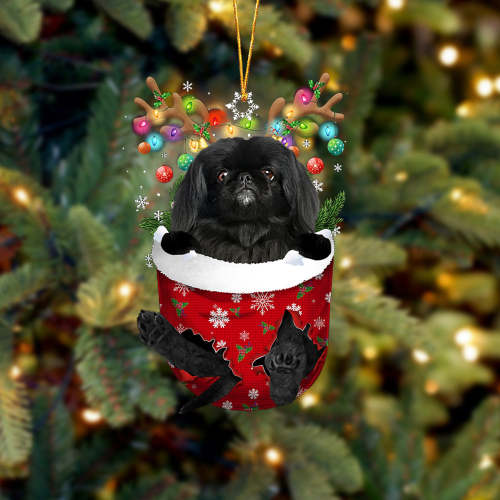 BLACK Pekingese In Snow Pocket Christmas Ornament