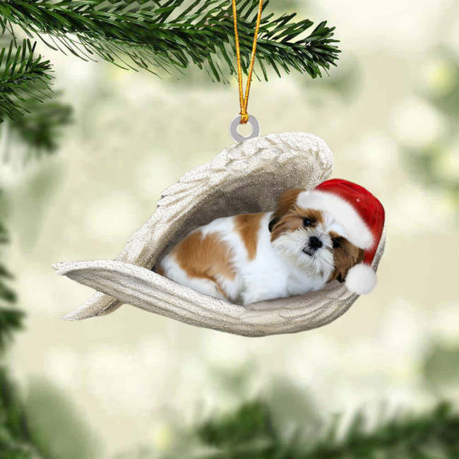 Gold white shih tzu Sleeping Angel Christmas Ornament