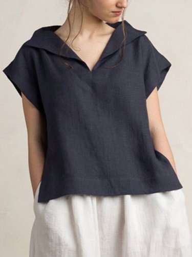 Ladies Cotton Linen V-Neck Simple Shirt
