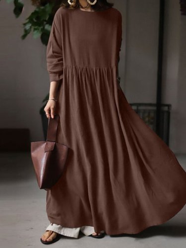 Women's Round Neck Long Sleeve Cotton Linen Dress