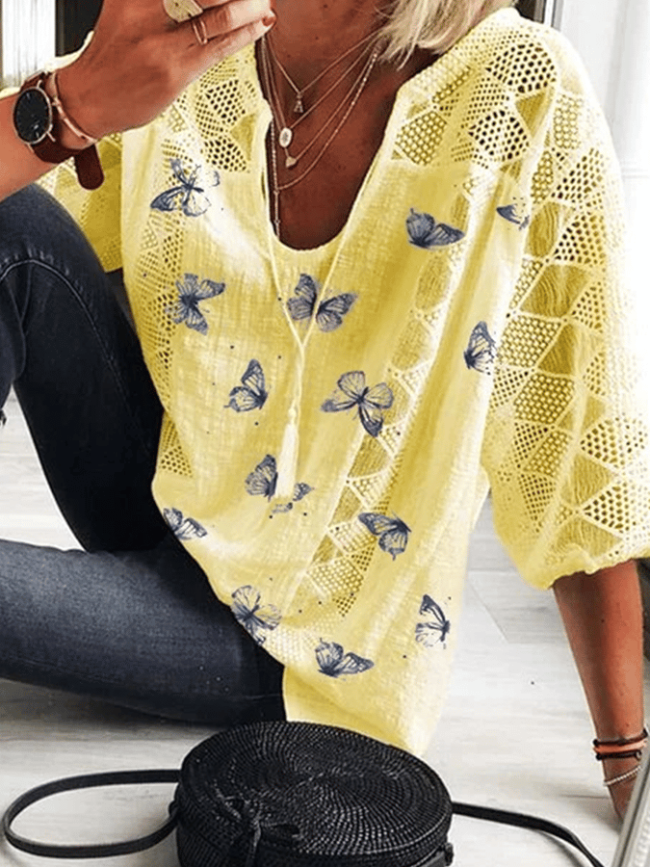 Women's V-neck Hollowed Out Butterfly Printed Casual Shirt