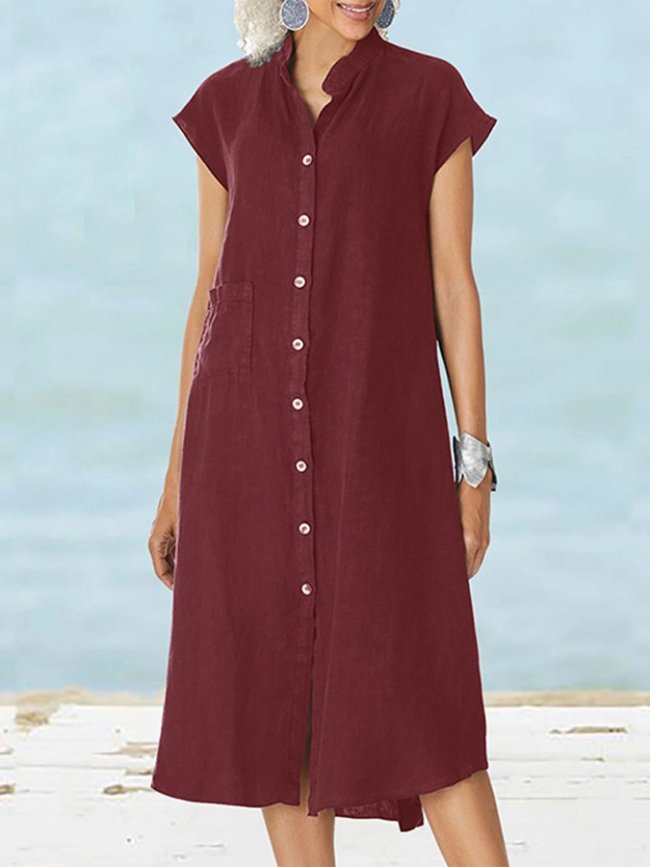 Women's Solid Color Elegant Single-Breasted Cotton Linen Dress