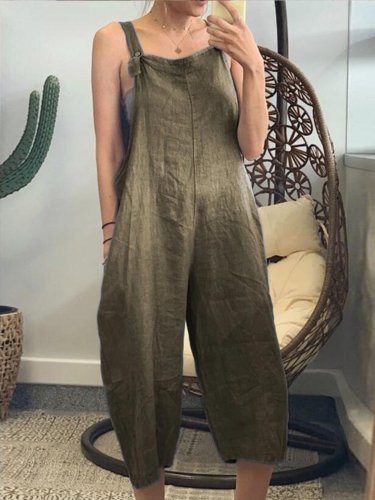 Women's Pure Color Cropped Wide Leg Overalls
